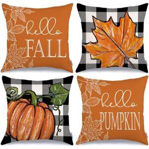 Fall Pillow Covers 18x18 Set of 4, Buffalo Plaid Pumpkin and Maple Leaves Autumn